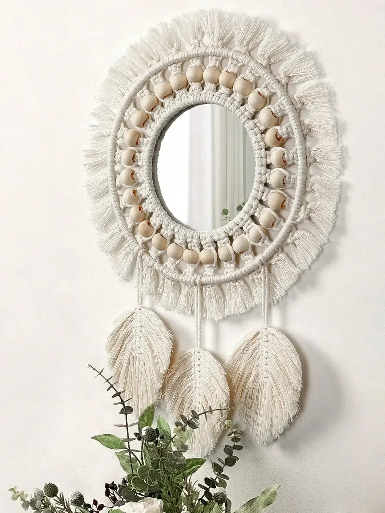 Macrame Hanging Wall Mirror, Boho Fringe Round Handmade Decorative Acrylic Mirror for Apartment Living Room Bedroom Home Decor