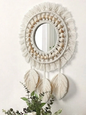 Macrame Hanging Wall Mirror, Boho Fringe Round Handmade Decorative Acrylic Mirror for Apartment Living Room Bedroom Home Decor
