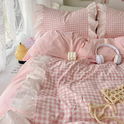 Korean Princess Style Lattice Double Layer Lace Bedding Set Soft Quilt Cover Plaid Style Duvet Covers Set Bed Sheet Pillowcases