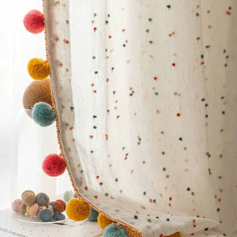 1Pair Cute Rainbow Hairball Embroidered Sheer Tulle Curtain with Pom-pom Tassels Lace For Living Room Childrens Room Home Decor