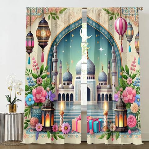 2PCS fresh painted Islamic festival curtains, healing style, bedroom and living room, decorative curtains with drawbar pockets