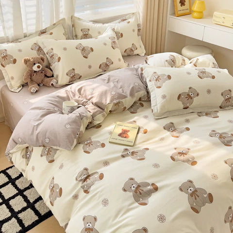 Cute Bear Duvet Cover Set for Teens, 3-Pieces Set 100%Cotton Comforter Cover with Pillow Shams, Soft Comfortable Kids Bedding