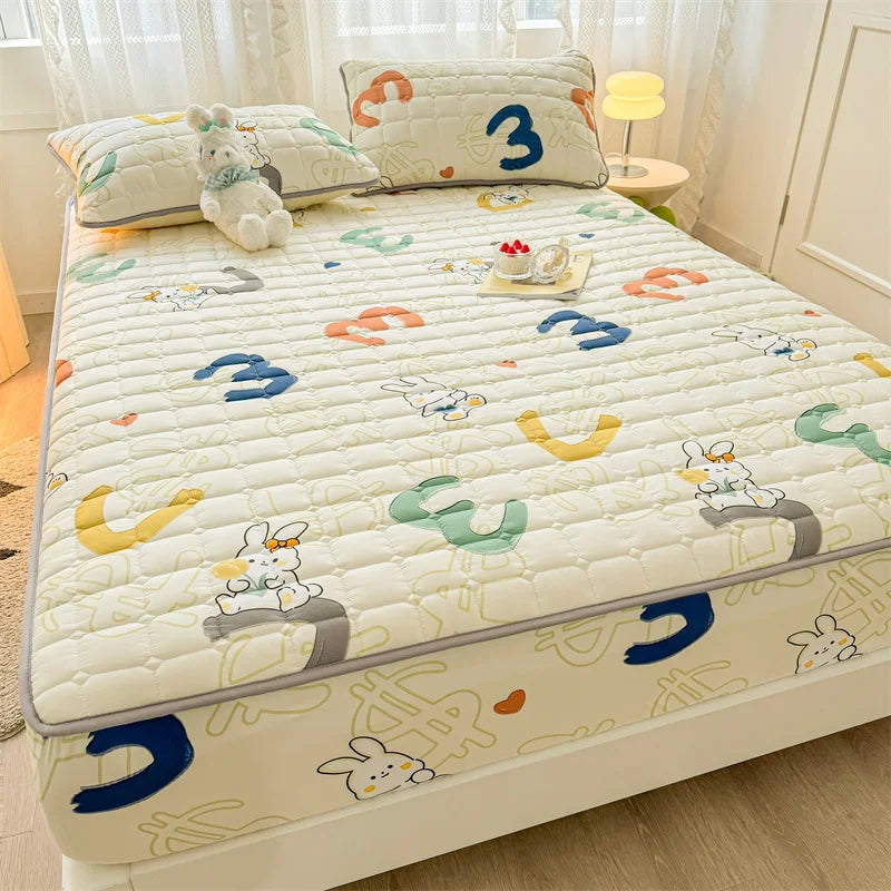 Adorable Quilted Washed Cotton Fitted Mattress Cover - Super Cute Girl's Design, Hypoallergenic