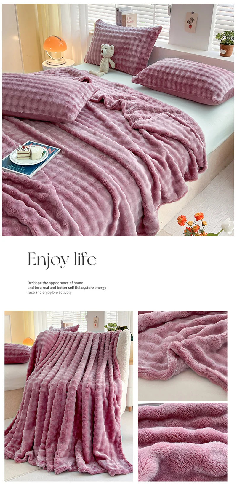 1 Pc Luxury Faux Rabbit Fur Throw Blanket Soft Warm White Striped Fluffy Blankets for Sofa Office Naps Single Double Plush Plaid