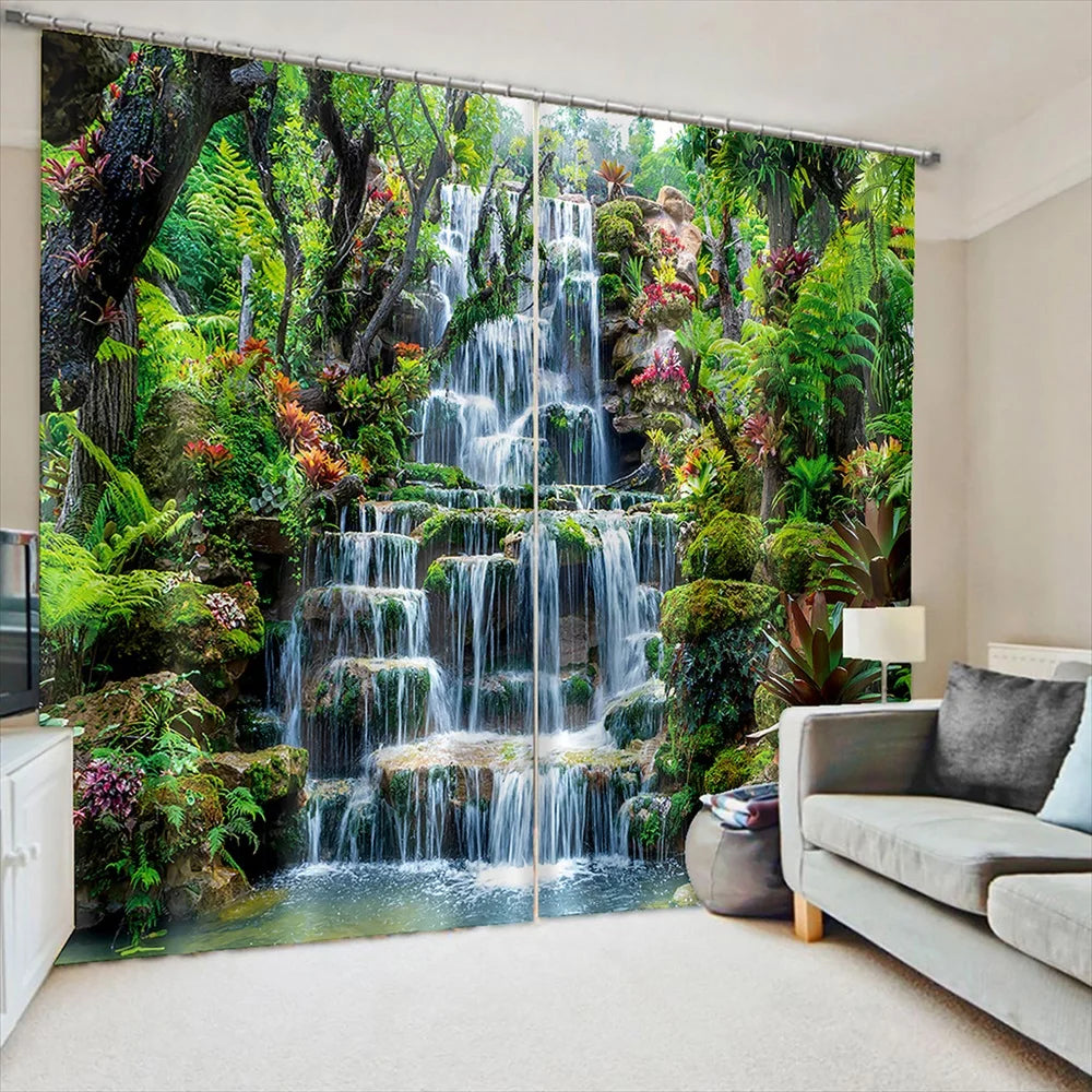 Rainforest Waterfall Print Blackout Curtain Tropical Plants Scenery Window Drapes Living Room Bedroom Nature - Themed Home Decor