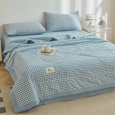 Ins Style Summer Quilt with 100% Cotton Filling Lightweight Skin-friendly Pure Cotton Quilt Plaid Style Thin Comforter Bed Duvet