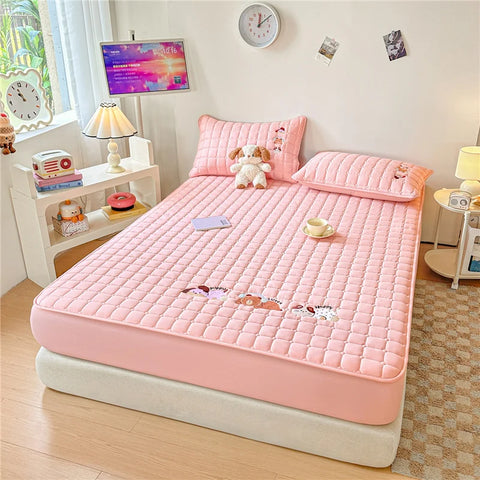 Cartoon Embroidered Bed Cover Quilted Mattress Protector Non-slip Bedspread Thicken Bed Linen 매트리스 커버	 (No Pillowcase)