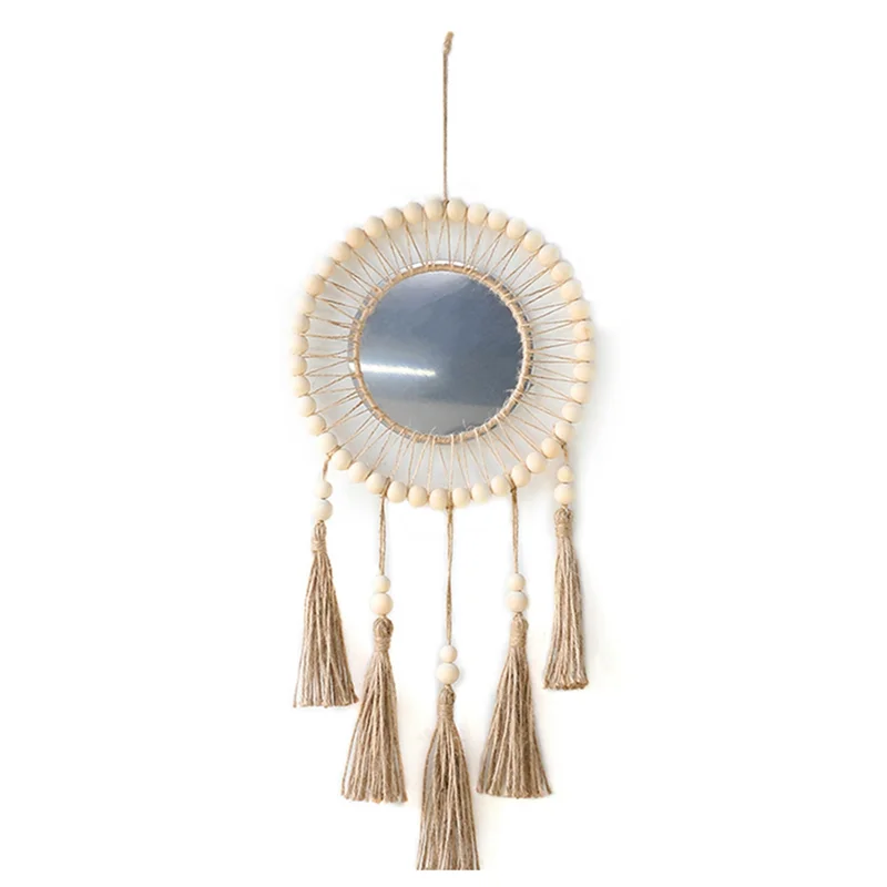 AK23-Wall Mirror Hanging Wall Mirror Boho Antique Mirror With Wood Beads Fringe Handmade Round Decoration