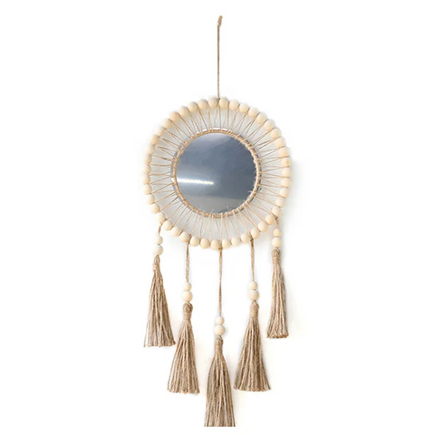 AK23-Wall Mirror Hanging Wall Mirror Boho Antique Mirror With Wood Beads Fringe Handmade Round Decoration