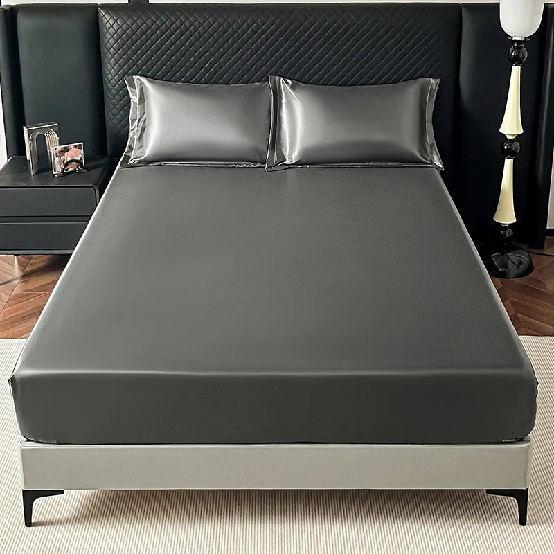 New Imitation Silk Satin Bed Sheet Set with Elastic Band Soft Silky Queen Fitted Sheet Mattress Cover King Size Bedsheet Sets