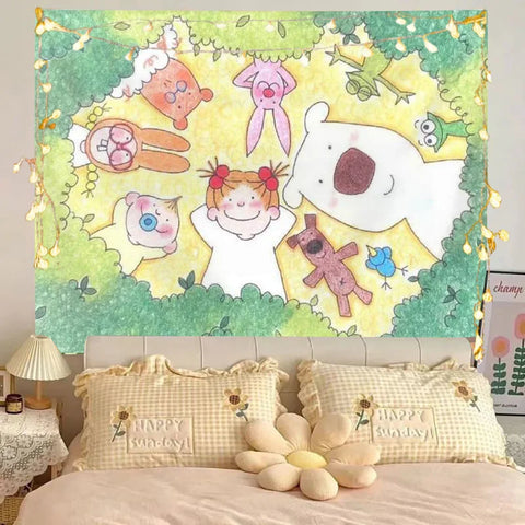 Cute Cartoon Kids Animal Wall Tapestry Forest Theme Flat Print Hanging Cloth Children Bedroom Nursery Decor Lightweight Polyeste