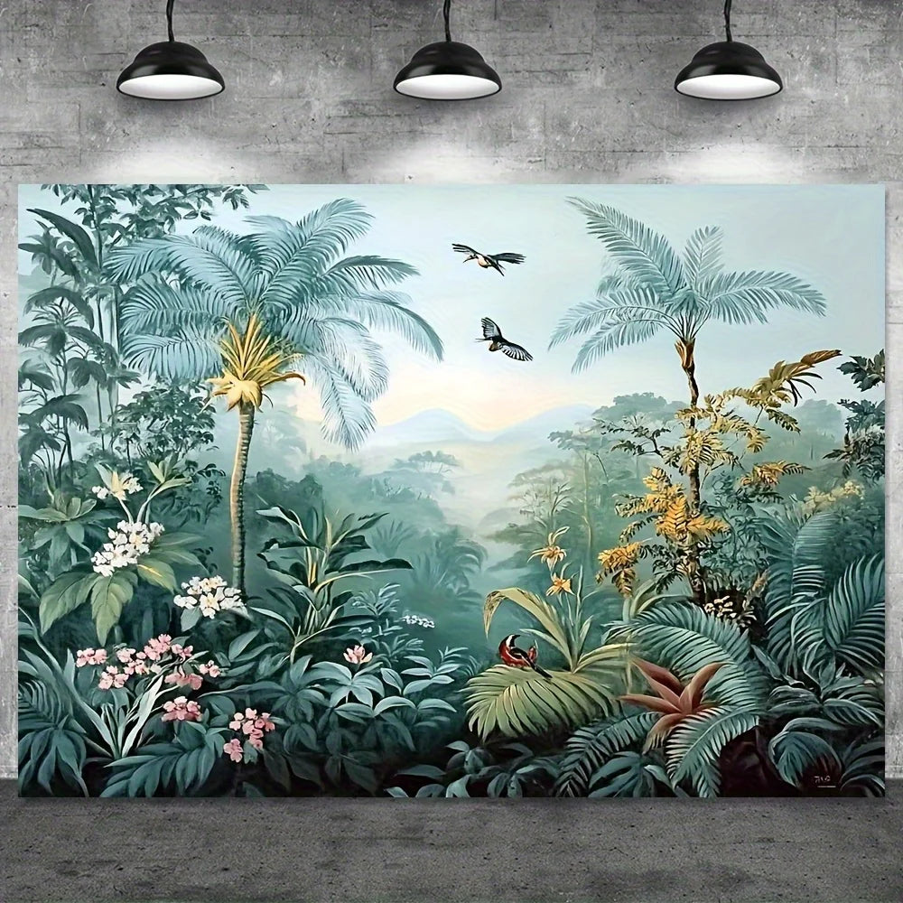 1pc Tropical Rainforest & Birds Wall Tapestry - Vibrant Jungle Scene with Lush Foliage, Colorful Birds & Misty Sunlight on Durab