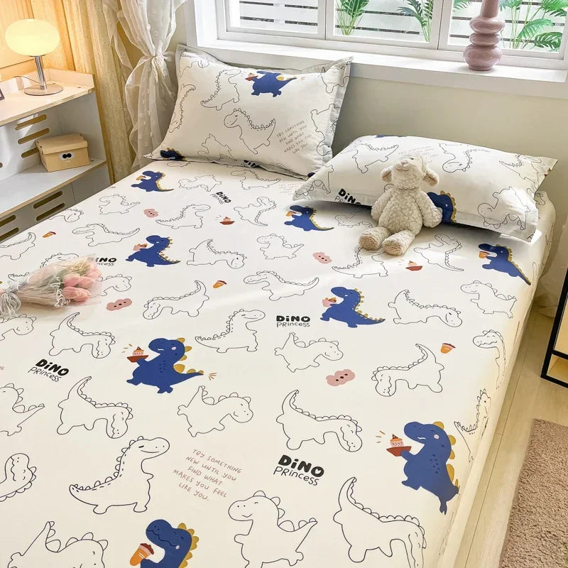 100%Cotton Bed Sheet on Elastic Cute Dinosaur Printed Mattress Cover for Kids Cartoon Pure Cotton Bed Linen (without pillowcase)