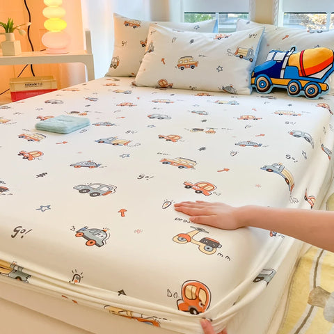 1pc 100%Cotton Bed Sheet for Kids Cartoon Style Car Printed Fitted Sheet with Elastic Band for Boys Pure Cotton Single Bed Cover