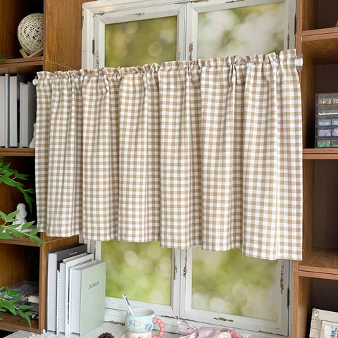 Korean Style Classic Plaid Pattern Cafe Curtain  Light Brown Semi Blackout Small Curtain Rod Pocket For Living Room Kitchen Door