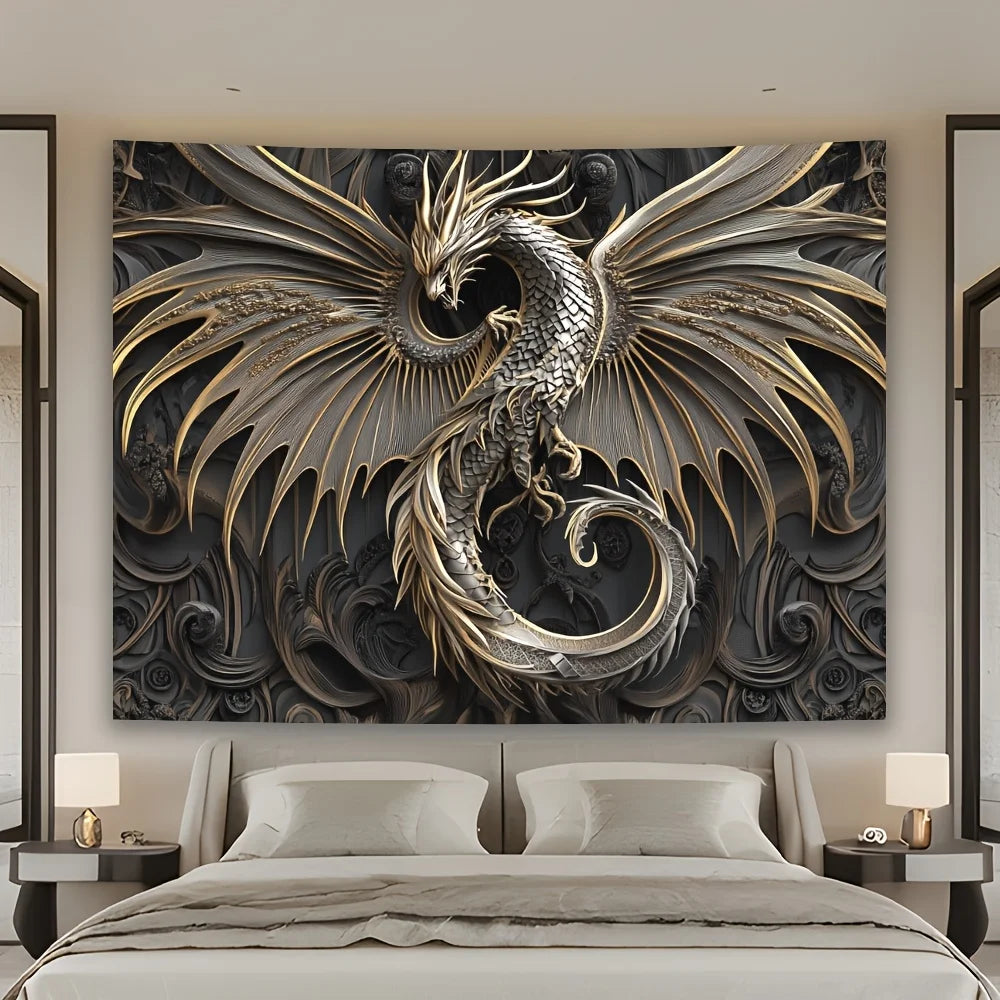 1pc Simple Black Dragon Tapestry, Polyester Fabric, Gold Decoration - Polyester Fabric, Suitable for Living Room, Bedroom