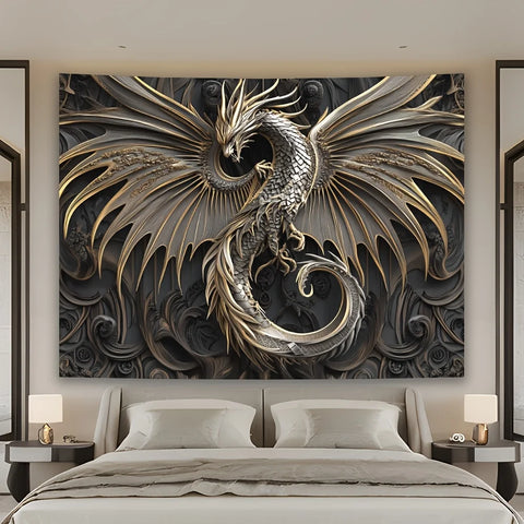 1pc Simple Black Dragon Tapestry, Polyester Fabric, Gold Decoration - Polyester Fabric, Suitable for Living Room, Bedroom