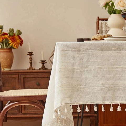 Linen Striped Fringe Kitchen Tablecloth, Wedding Tablecloth, Holiday Table Decoration Tablecloth, Outdoor Picnic Tablecloth