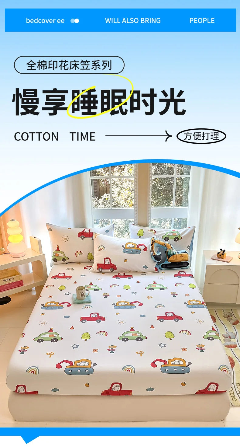 1pc 100%Cotton Bed Sheet for Kids Cartoon Style Car Printed Fitted Sheet with Elastic Band for Boys Pure Cotton Single Bed Cover