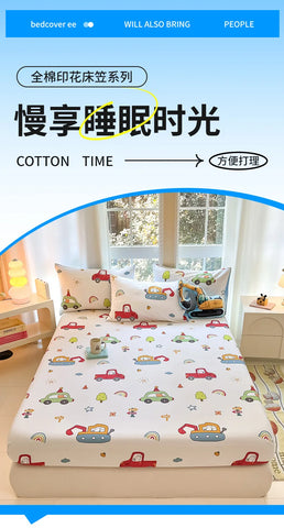 1pc 100%Cotton Bed Sheet for Kids Cartoon Style Car Printed Fitted Sheet with Elastic Band for Boys Pure Cotton Single Bed Cover