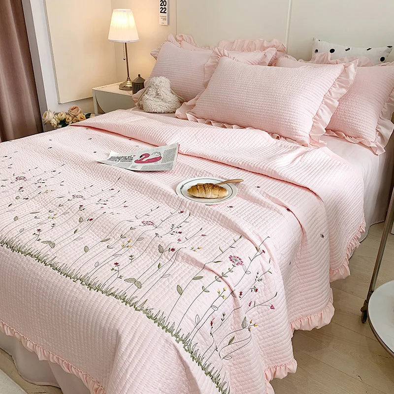 Fresh Flower Embroidered Summer Blanket 4/3/1 Pcs Ruffled Quilted Summer Quilt Set Machine Washable Lightweight Comforter Duvet