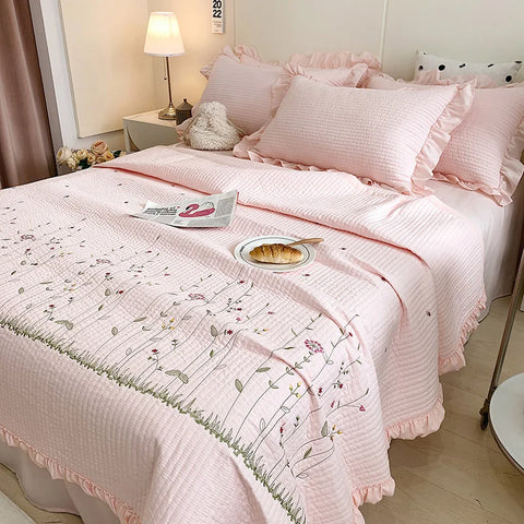 Fresh Flower Embroidered Summer Blanket 4/3/1 Pcs Ruffled Quilted Summer Quilt Set Machine Washable Lightweight Comforter Duvet