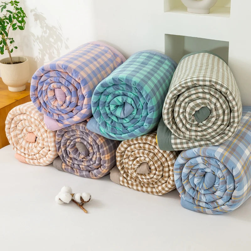 Japanese-style Plaid Summer Blanket 100% Cotton Skin Friendly Quilted Queen Quilt 220*240 Breathable King Size Duvet Comforter