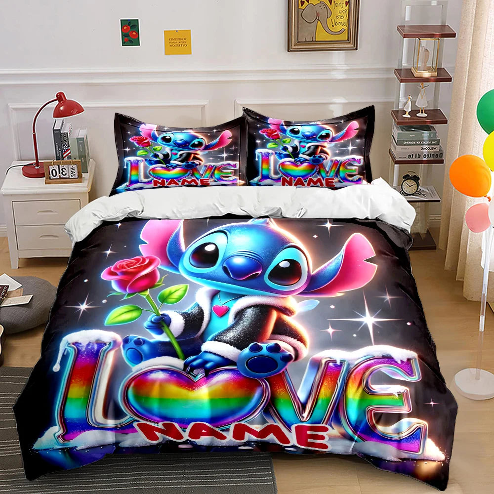 Personalized Name Custom Disney Stitch Printed Cartoon Bedding Set Duvet Cover Adult Kids Birthday Gift Full Size Luxury Gift