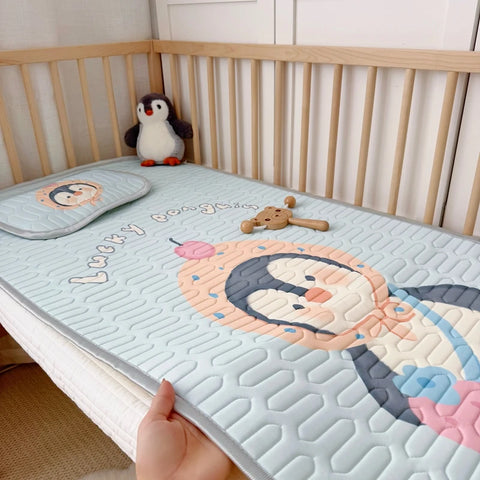 2pcs Summer Cooling Viscose Fiber Latex Mat Set for Kids,Cute Penguin Bed Sheet Pad,Foldable Baby Girl Boy Home Textile,60x120
