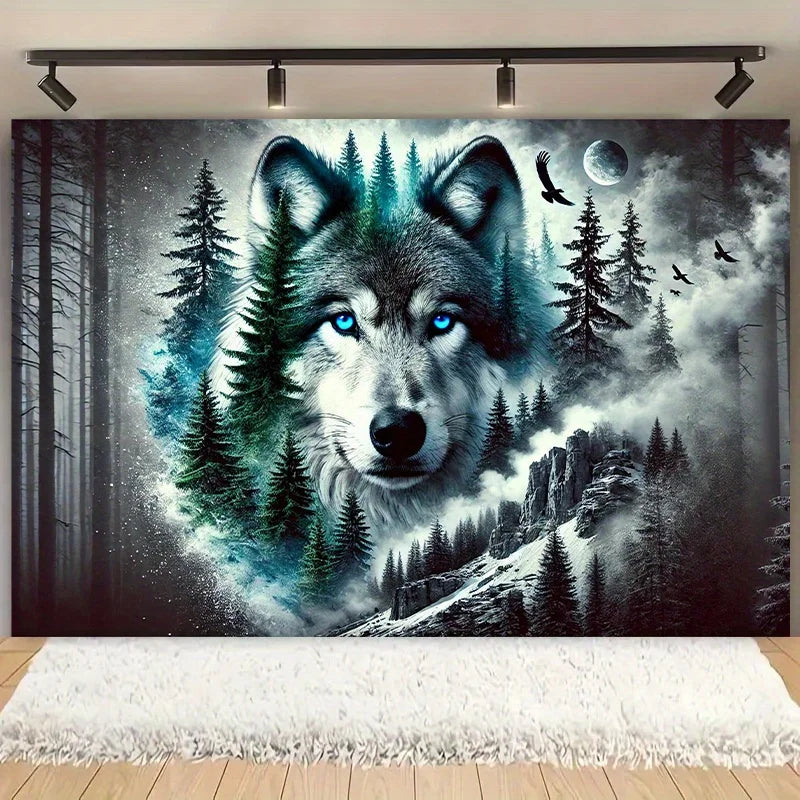 Mysterious Forest Lone Wolf Tapestry, Polyester Wall Hanging Art, Suitable for Indoor and Outdoor Decoration, Home, Living Room