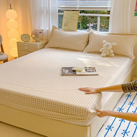 New Ultra-Thin Grid Pattern Fitted Sheet Set Washed Cotton Skin-Friendly Mattress Dust Cover Soft Breathable Household Mat