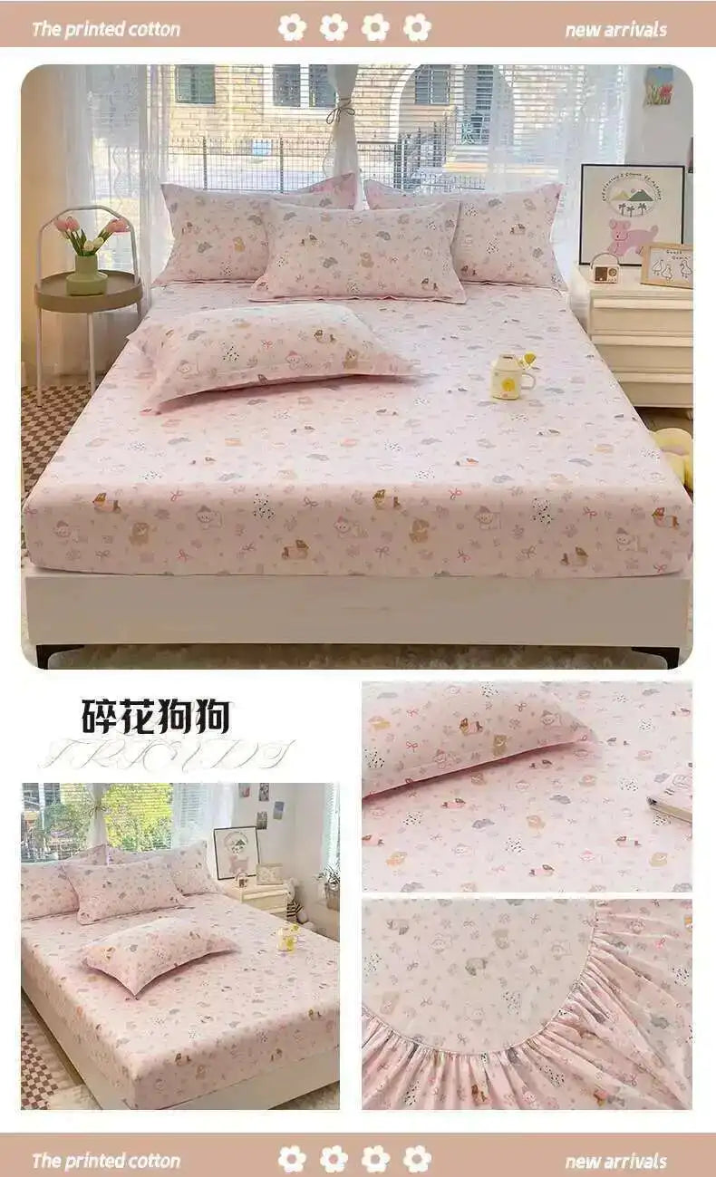 100% Cotton Kids Fitted Sheet - Pink Cartoon Print Single Size, Soft Bed Sheet Mattress Cover (No Pillowcase)