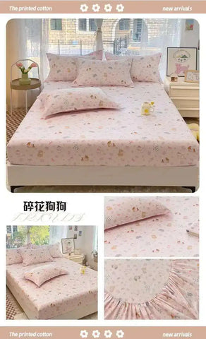 100% Cotton Kids Fitted Sheet - Pink Cartoon Print Single Size, Soft Bed Sheet Mattress Cover (No Pillowcase)