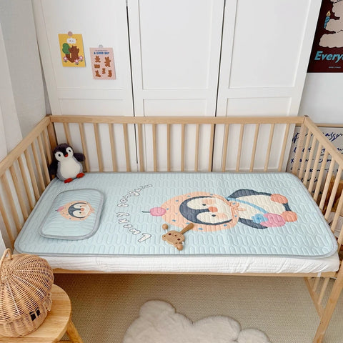 2pcs Summer Cooling Viscose Fiber Latex Mat Set for Kids,Cute Penguin Bed Sheet Pad,Foldable Baby Girl Boy Home Textile,60x120