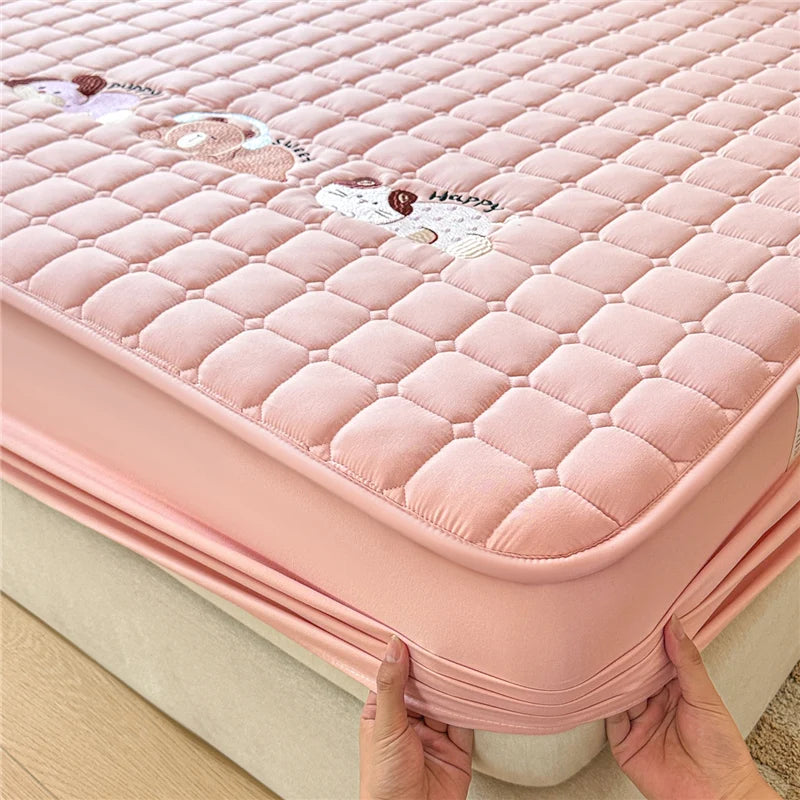 Cartoon Embroidered Bed Cover Quilted Mattress Protector Non-slip Bedspread Thicken Bed Linen 매트리스 커버	 (No Pillowcase)