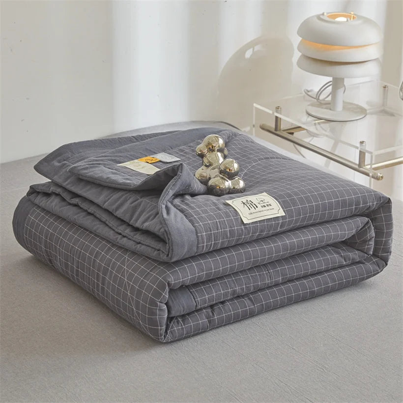 Ins Style Summer Quilt with 100% Cotton Filling Lightweight Skin-friendly Pure Cotton Quilt Plaid Style Thin Comforter Bed Duvet