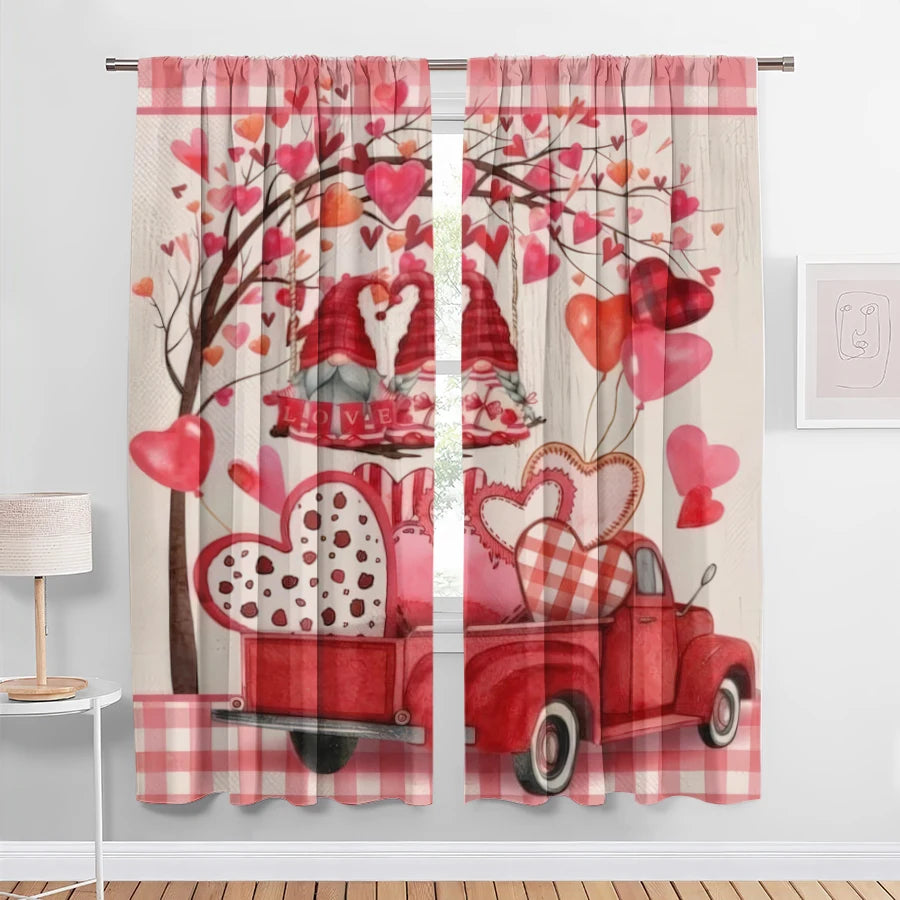 2PCS red and white checkered heart-shaped gnome curtains, sweet style, living room and bedroom, decorative with drawbar pockets