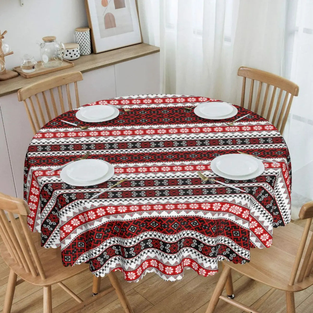 Ukraine Vyshyvanka Embroidery Tablecloth Round Oilproof Bohemian Geometric Table Cover Cloth for Kitchen 60 inches