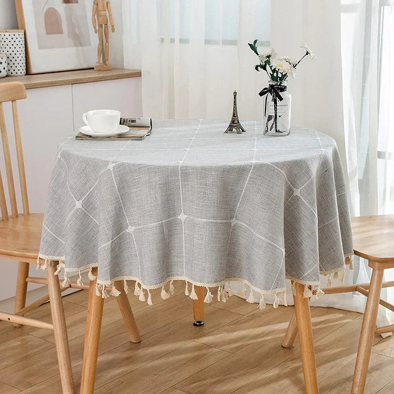 Solid Embroidery Round Tablecloth with Tassels Dust-Proof Table Cover for Kitchen Living Room Dinning Party Tabletop Decorations