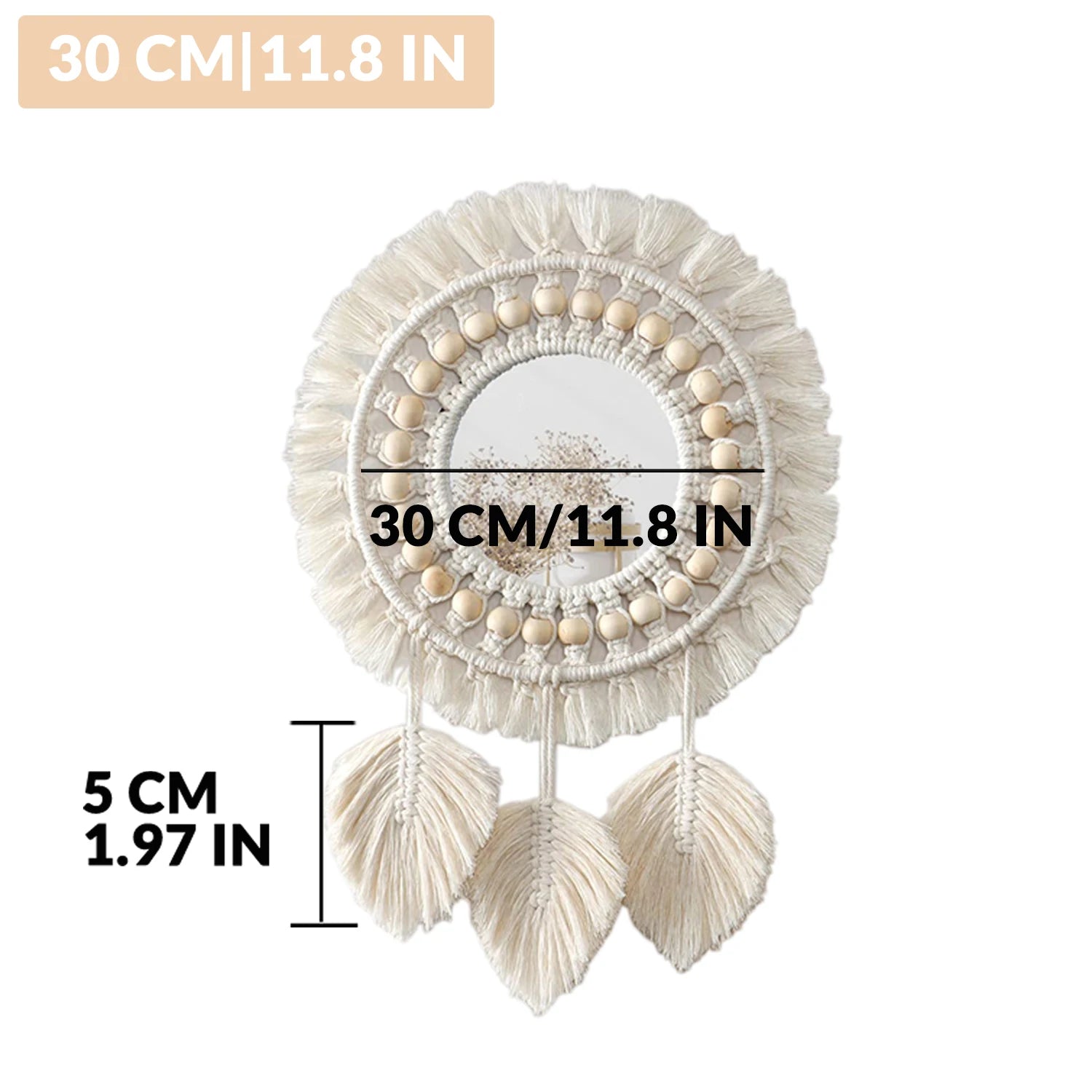 Macrame Hanging Wall Mirror, Boho Fringe Round Handmade Decorative Acrylic Mirror for Apartment Living Room Bedroom Home Decor