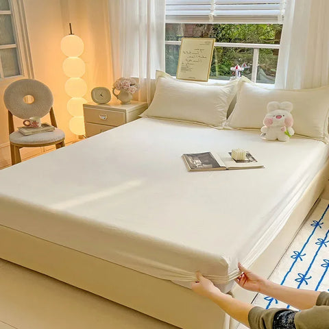 New Ultra-Thin Grid Pattern Fitted Sheet Set Washed Cotton Skin-Friendly Mattress Dust Cover Soft Breathable Household Mat