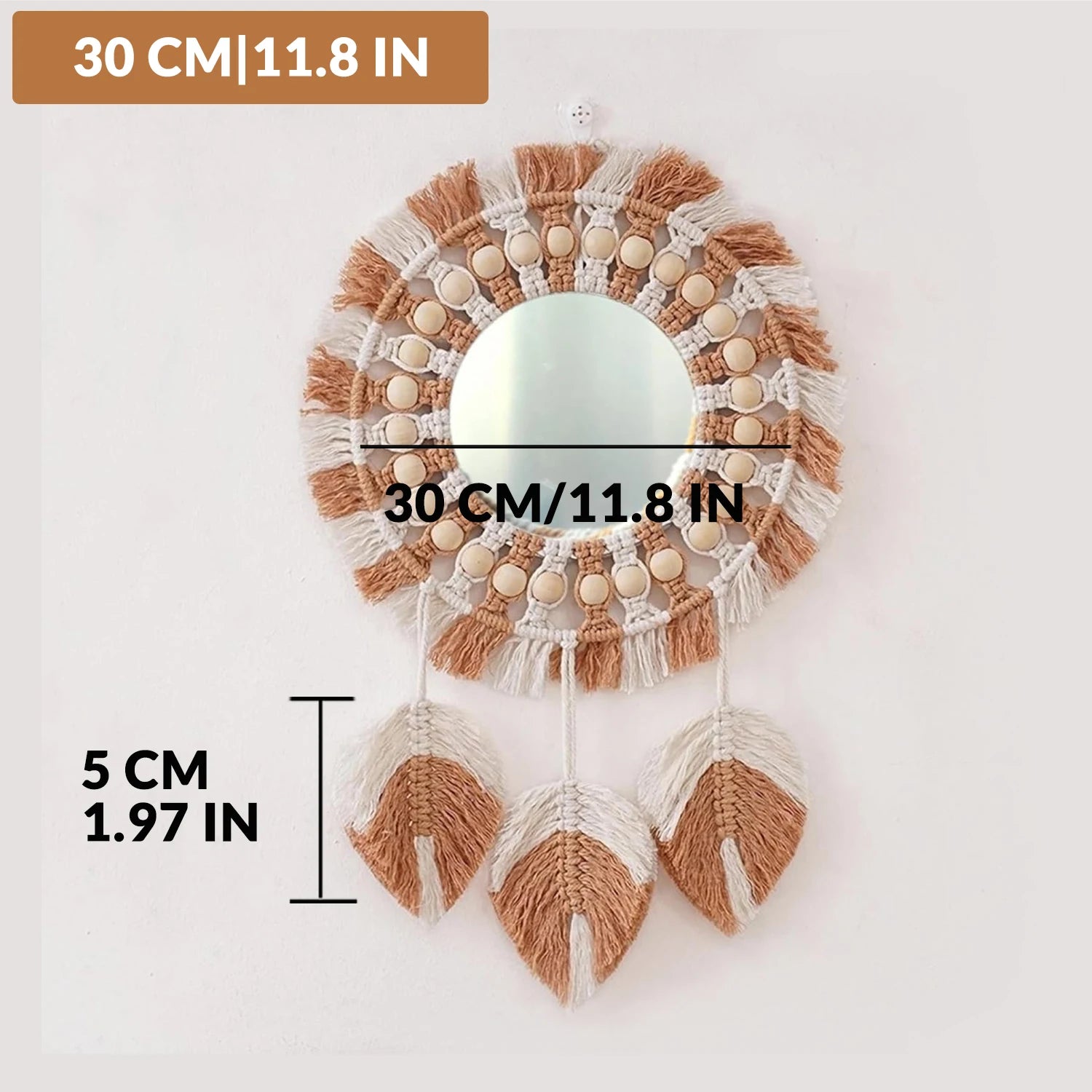 Macrame Hanging Wall Mirror, Boho Fringe Round Handmade Decorative Acrylic Mirror for Apartment Living Room Bedroom Home Decor