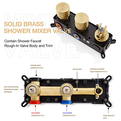 Luxury brass brushed gold wall mounted bathroom faucet with embedded dual handle hot and cold water 2 function bathtub mixer