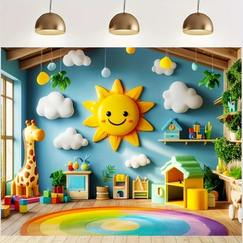 Vibrant Teen Room Tapestries-Wall Hanging-Cheerful Sunlight and Clouds Giraffe Wall Cloth Room Decor 180X280CM