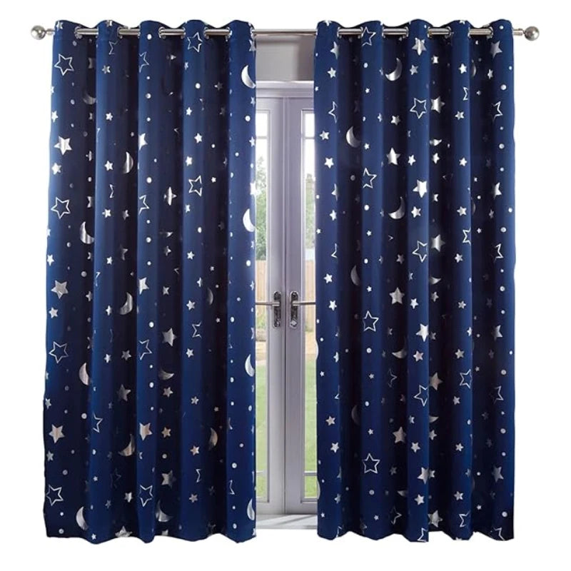 Blackout Curtains For Kids Boys With Stars And Moon Bedroom  Livingroom Window Drapes Navy Blue Gray Pink