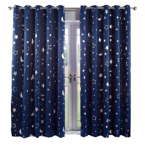 Blackout Curtains For Kids Boys With Stars And Moon Bedroom  Livingroom Window Drapes Navy Blue Gray Pink