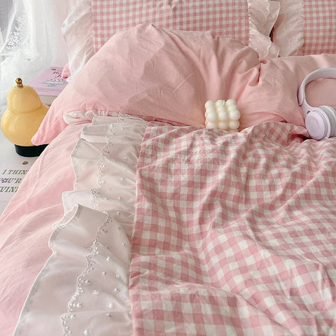 Korean Princess Style Lattice Double Layer Lace Bedding Set Soft Quilt Cover Plaid Style Duvet Covers Set Bed Sheet Pillowcases