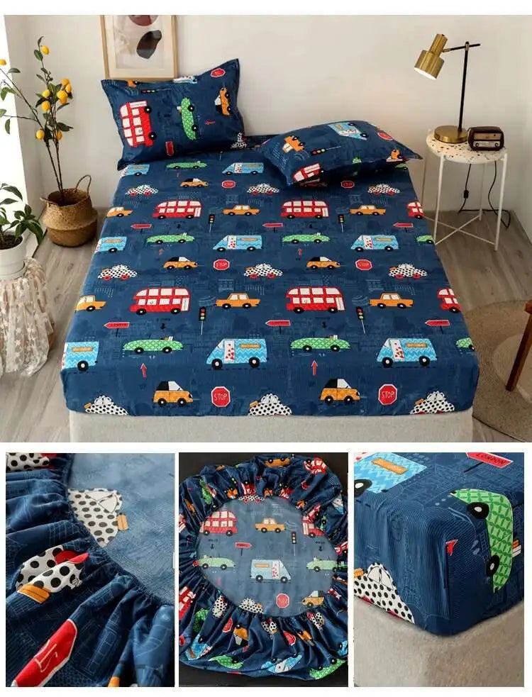 Solstice Kids Dinosaur Bed Sheet Set - Cartoon Printed Draps De Lit With Pillowcase, Elastic Fitted (Single/Twin, 100% Cotton)