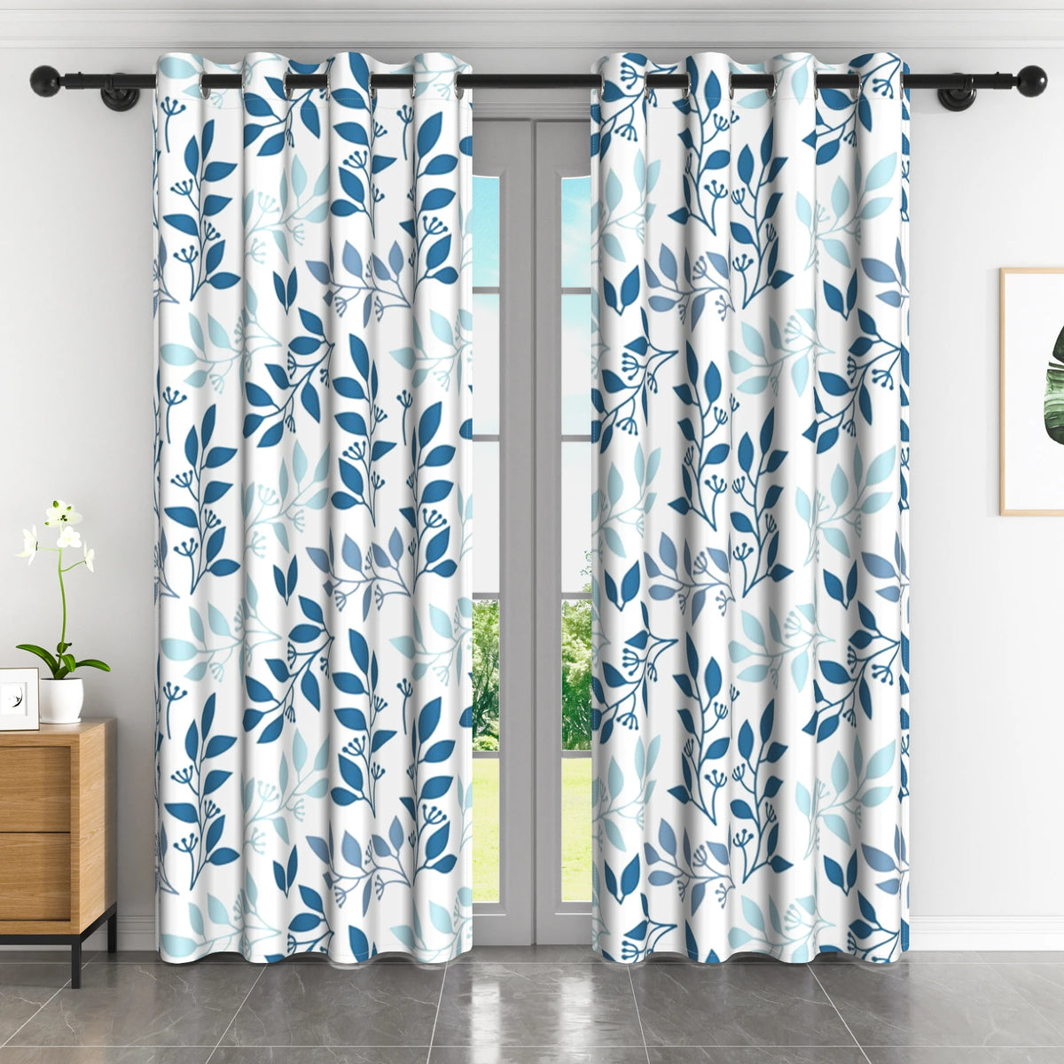 2pcs Nordic Style Blackout Curtains Blue Leaf Pattern Decor Home Interior Curtains Modern Simple Window Curtains For Living Room