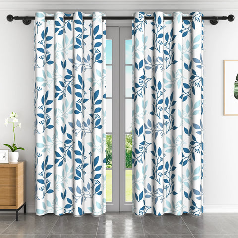 2pcs Nordic Style Blackout Curtains Blue Leaf Pattern Decor Home Interior Curtains Modern Simple Window Curtains For Living Room